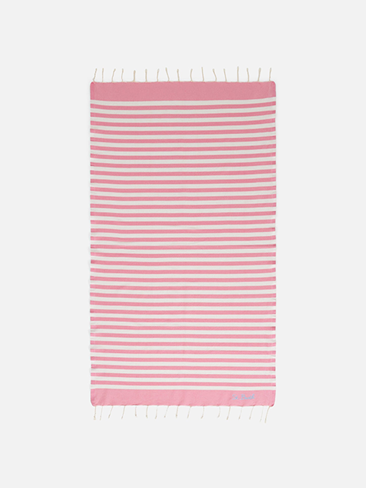 Toalla de playa fouta con rayas rosas y blancas 
