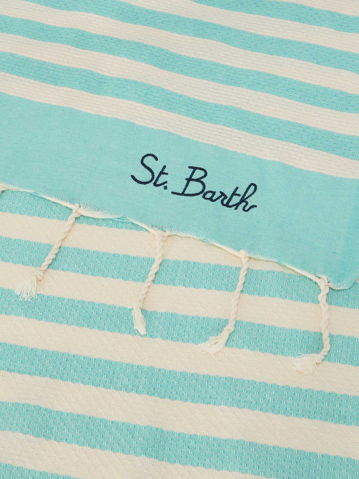 Foutas beach towel with aqua green and white stripes