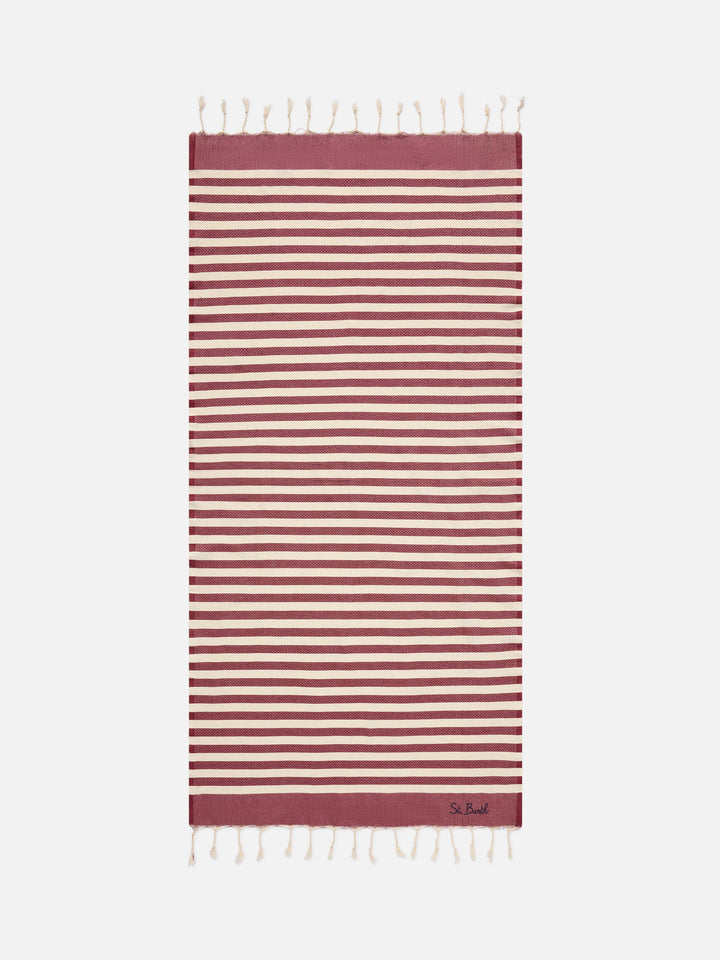 Serviette de plage fouta à rayures bordeaux et blanches 