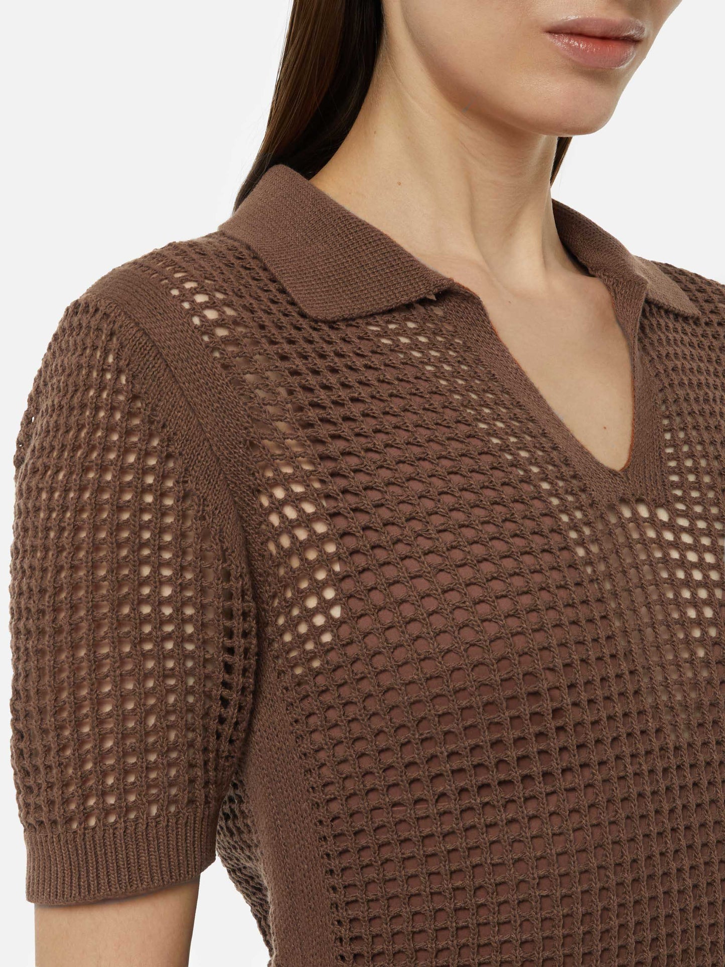 Flora brown mesh crochet polo