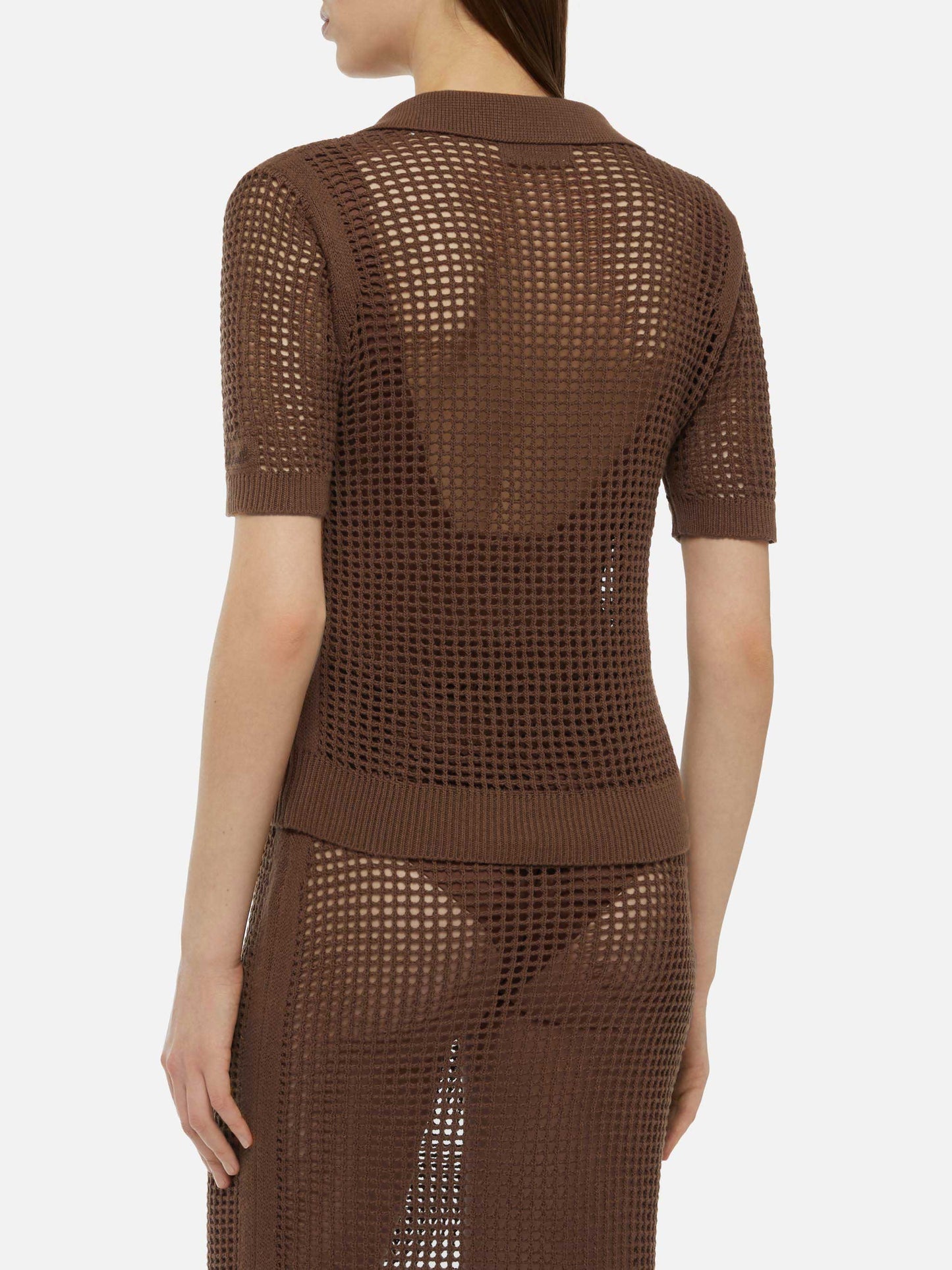 Flora brown mesh crochet polo