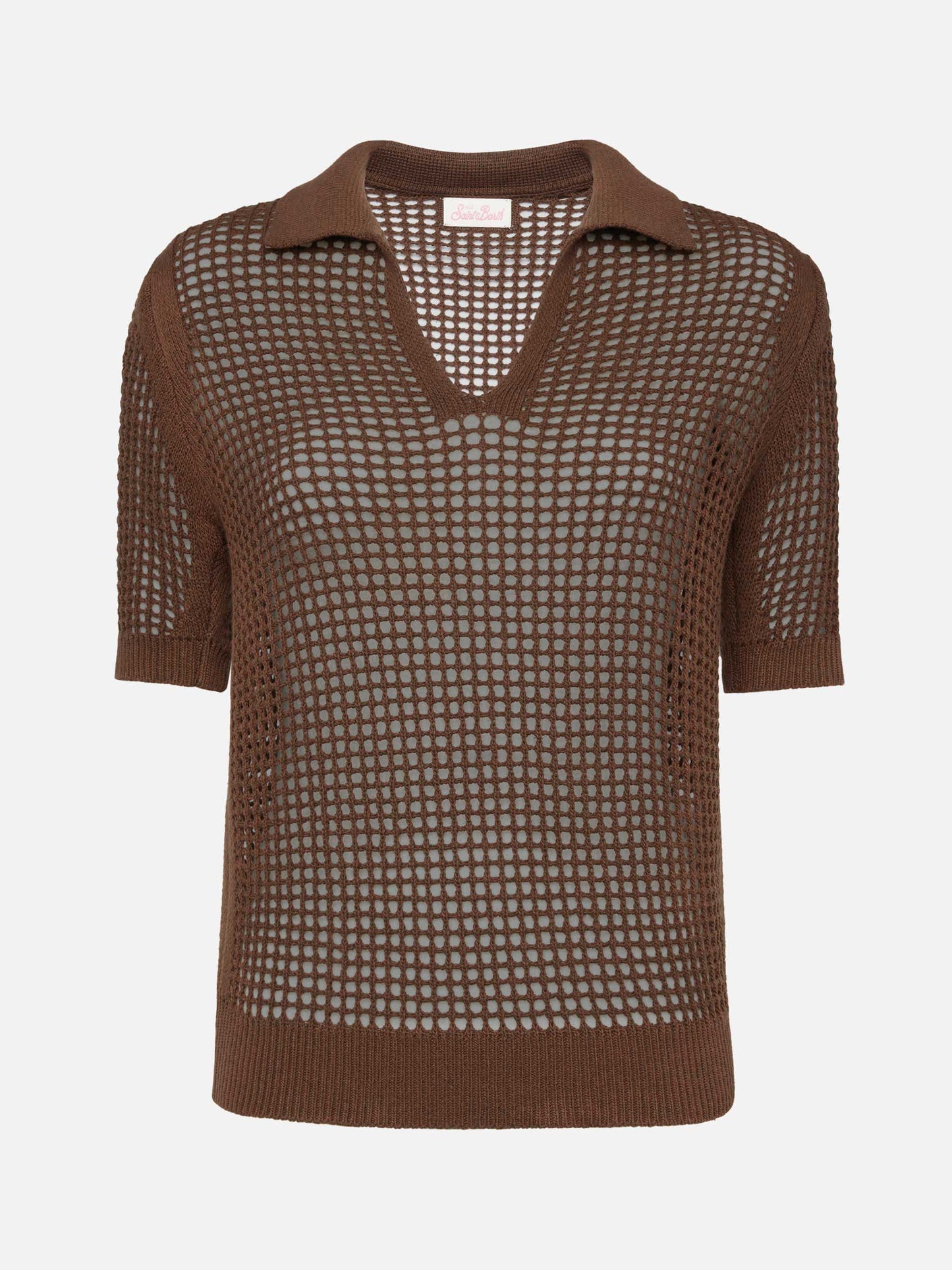 Flora brown mesh crochet polo