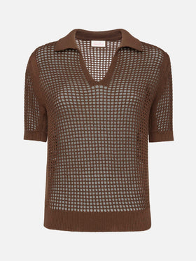 Flora brown mesh crochet polo