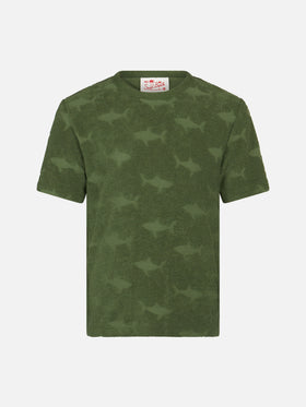 T-shirt militare da bambino in spugna Gary con motivo squalo in rilievo