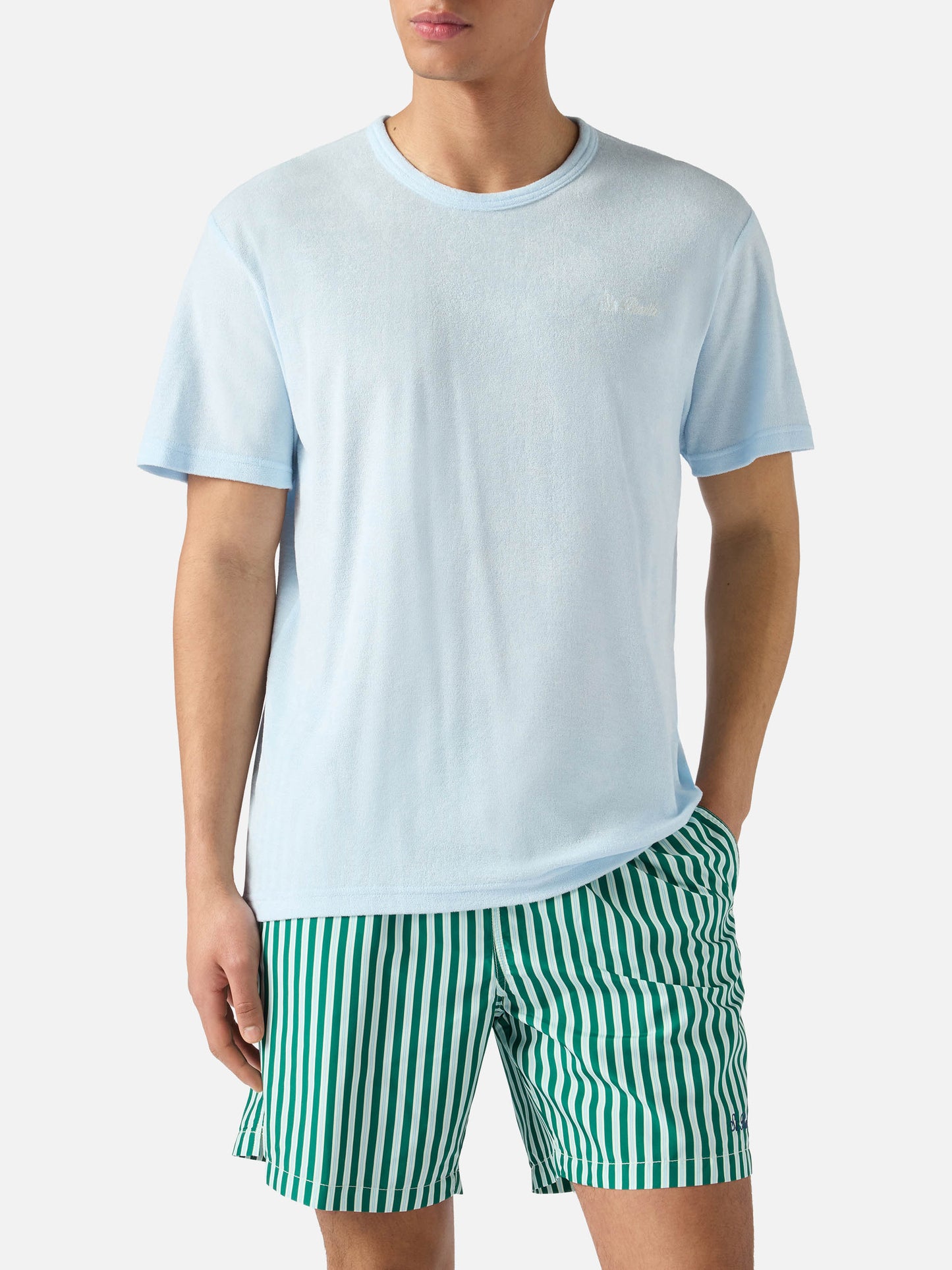 T-shirt Gary in cotone effetto spugna azzurra con ricamo logo
