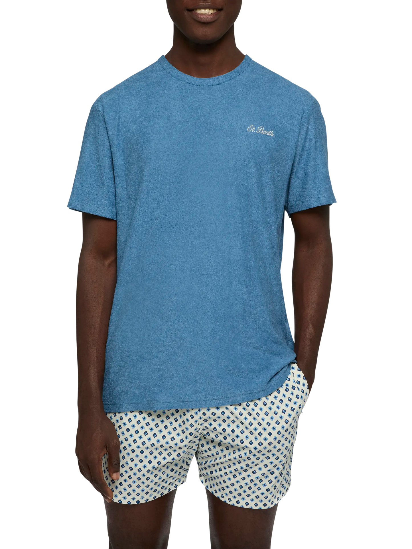 Staubblaues Frottee-T-Shirt Gary mit St. Barth-Stickerei