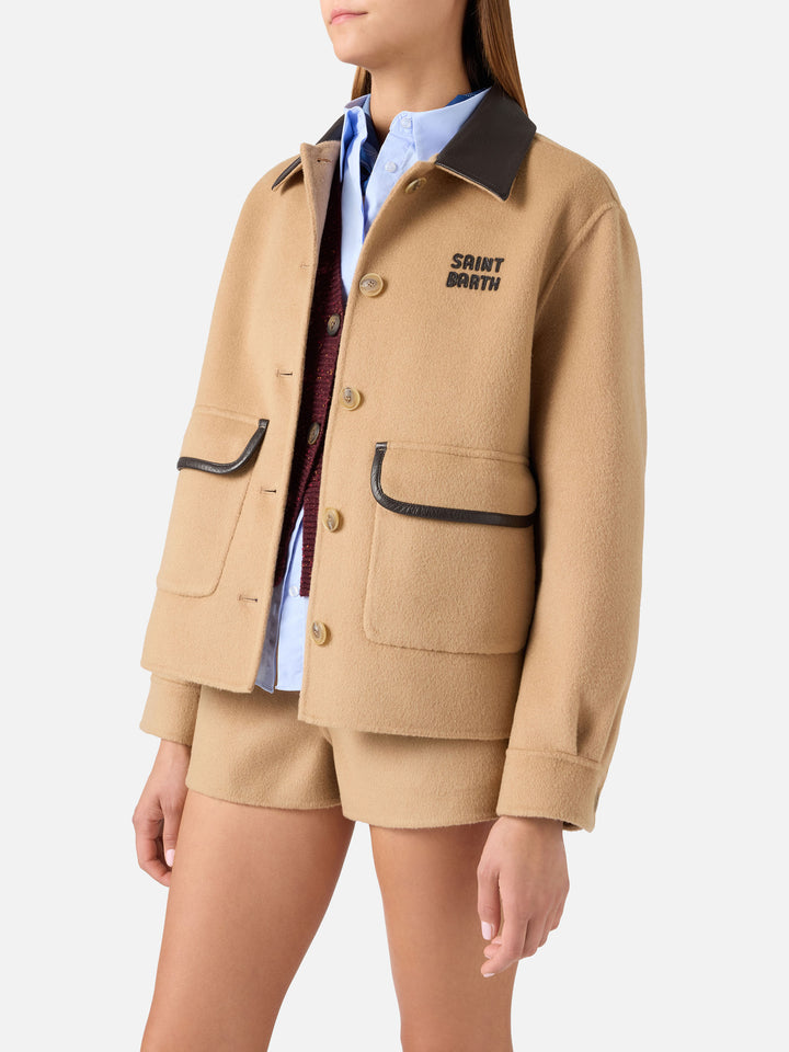 Chaqueta beige de mezcla de lana Glacienne con parche del logo 