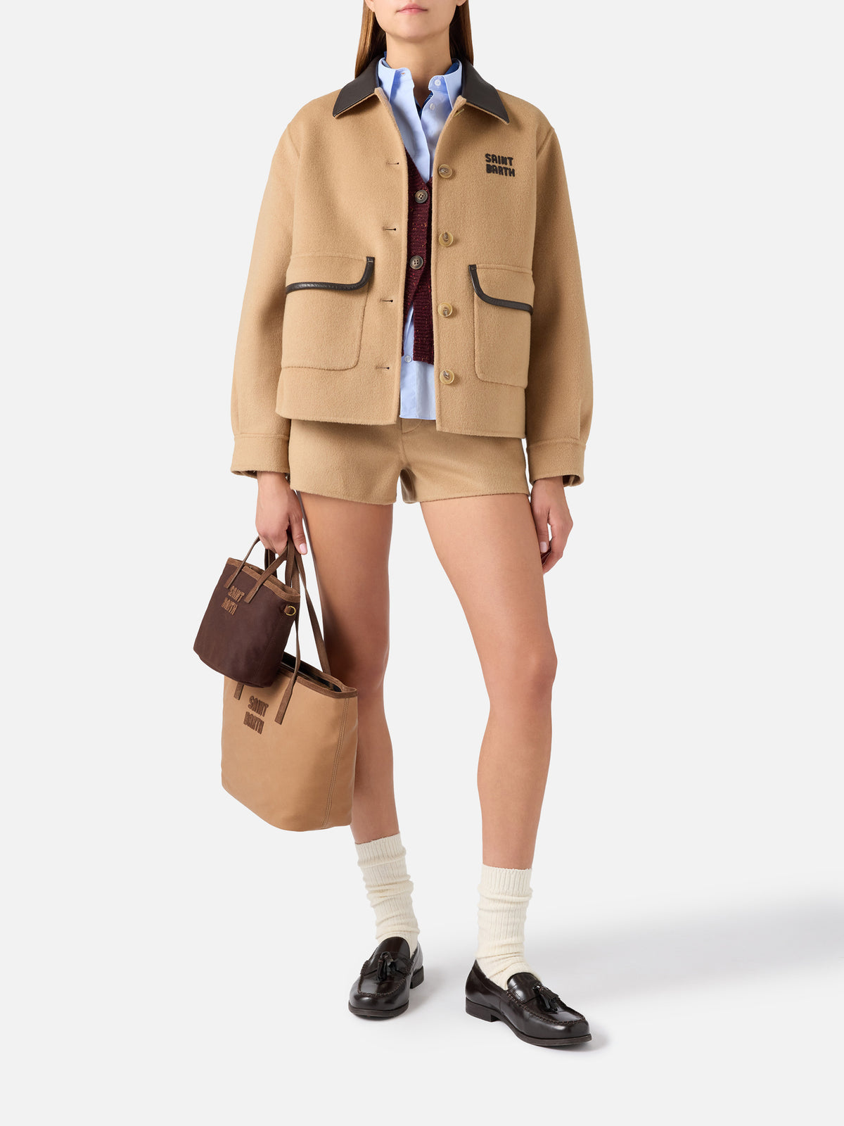 Chaqueta beige de mezcla de lana Glacienne con parche del logo 