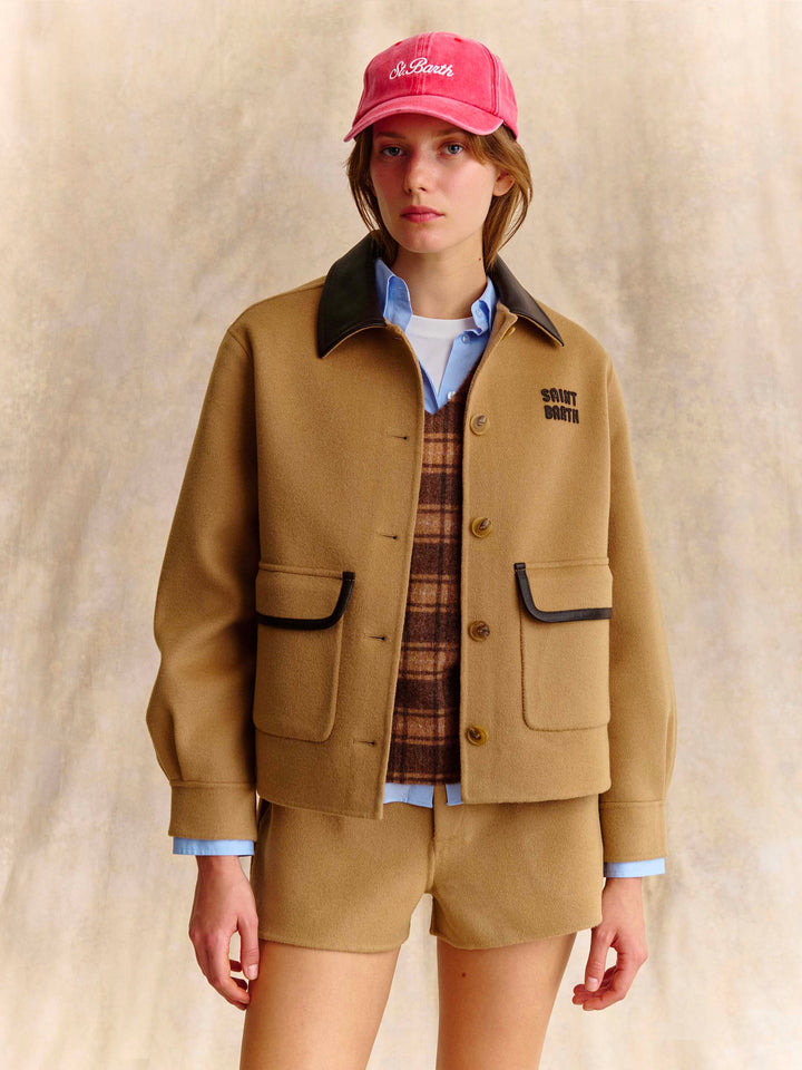 Beige Glacienne wool blend jacket with logo patch