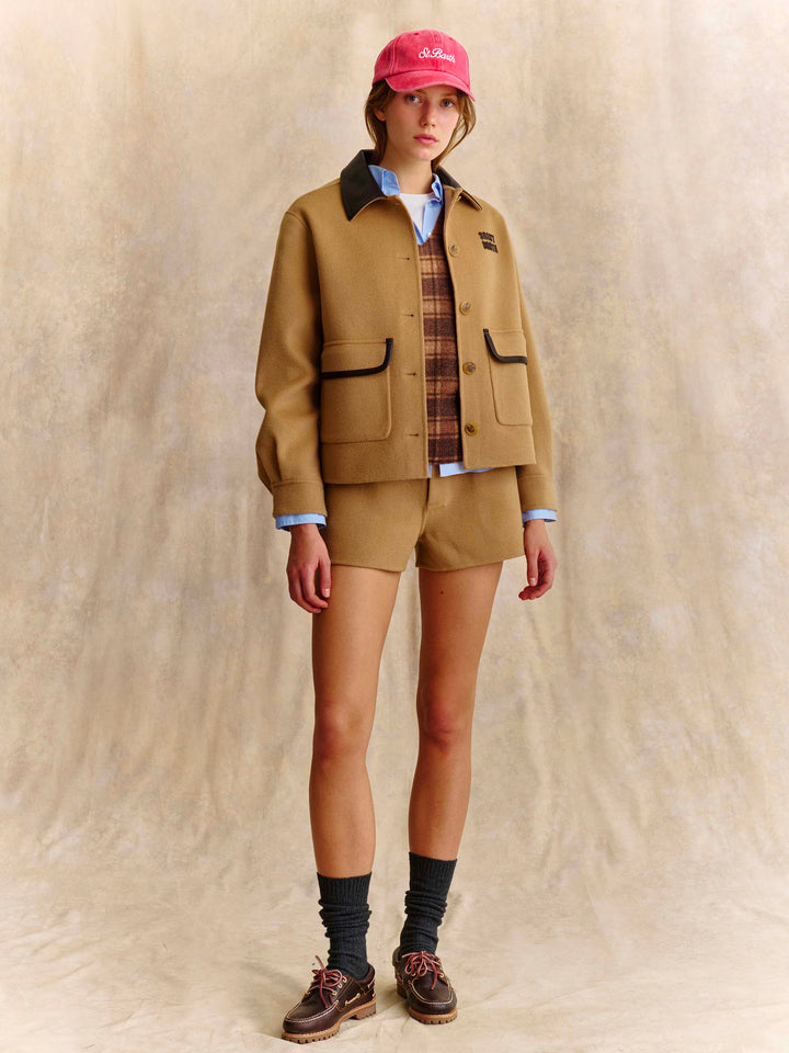 Beige Elva double fabric wool blend shorts