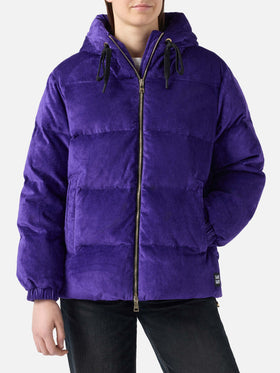 Woman purple corduroy down padded jacket with hoodie