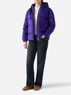 Woman purple corduroy down padded jacket with hoodie