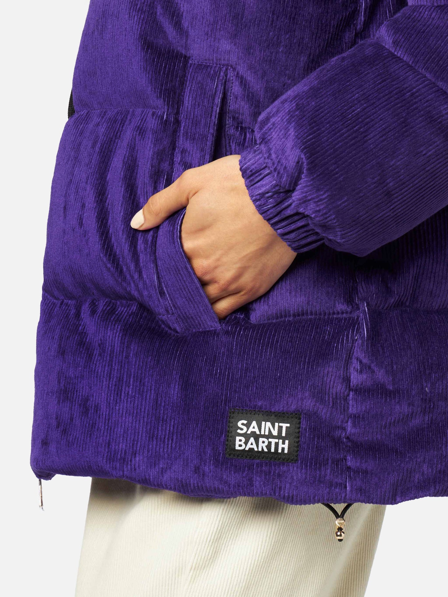 Lila Damen-Daunenjacke aus Cord mit Kapuze