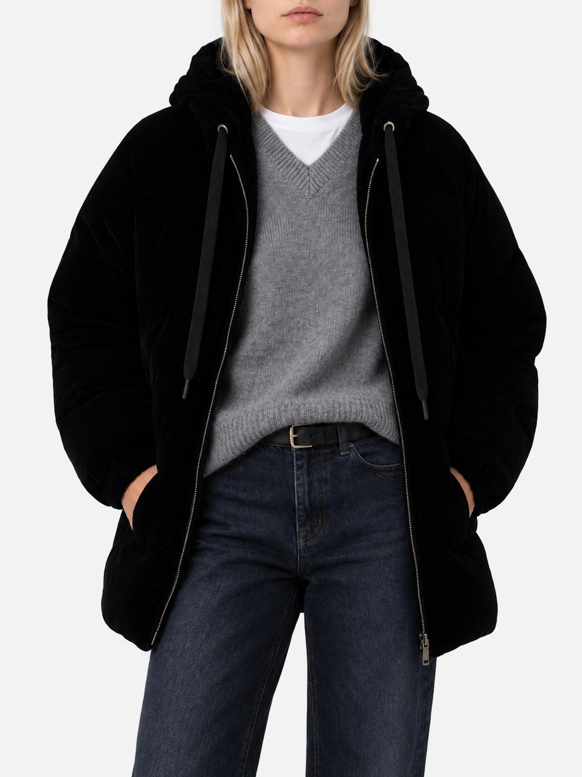 Geneve black velvet hooded down jacket
