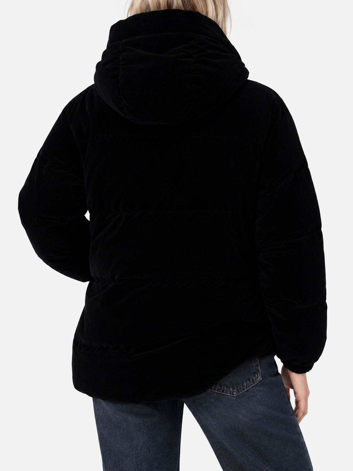 Geneve black velvet hooded down jacket
