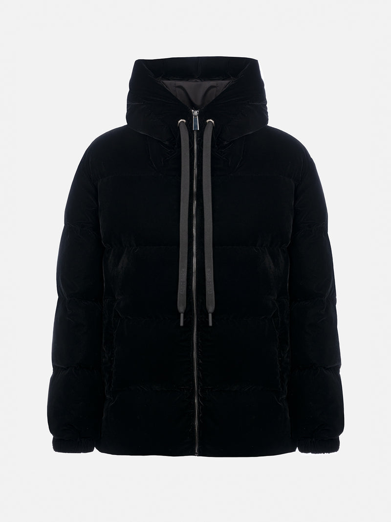 Woman black velvet hooded down padded jacket