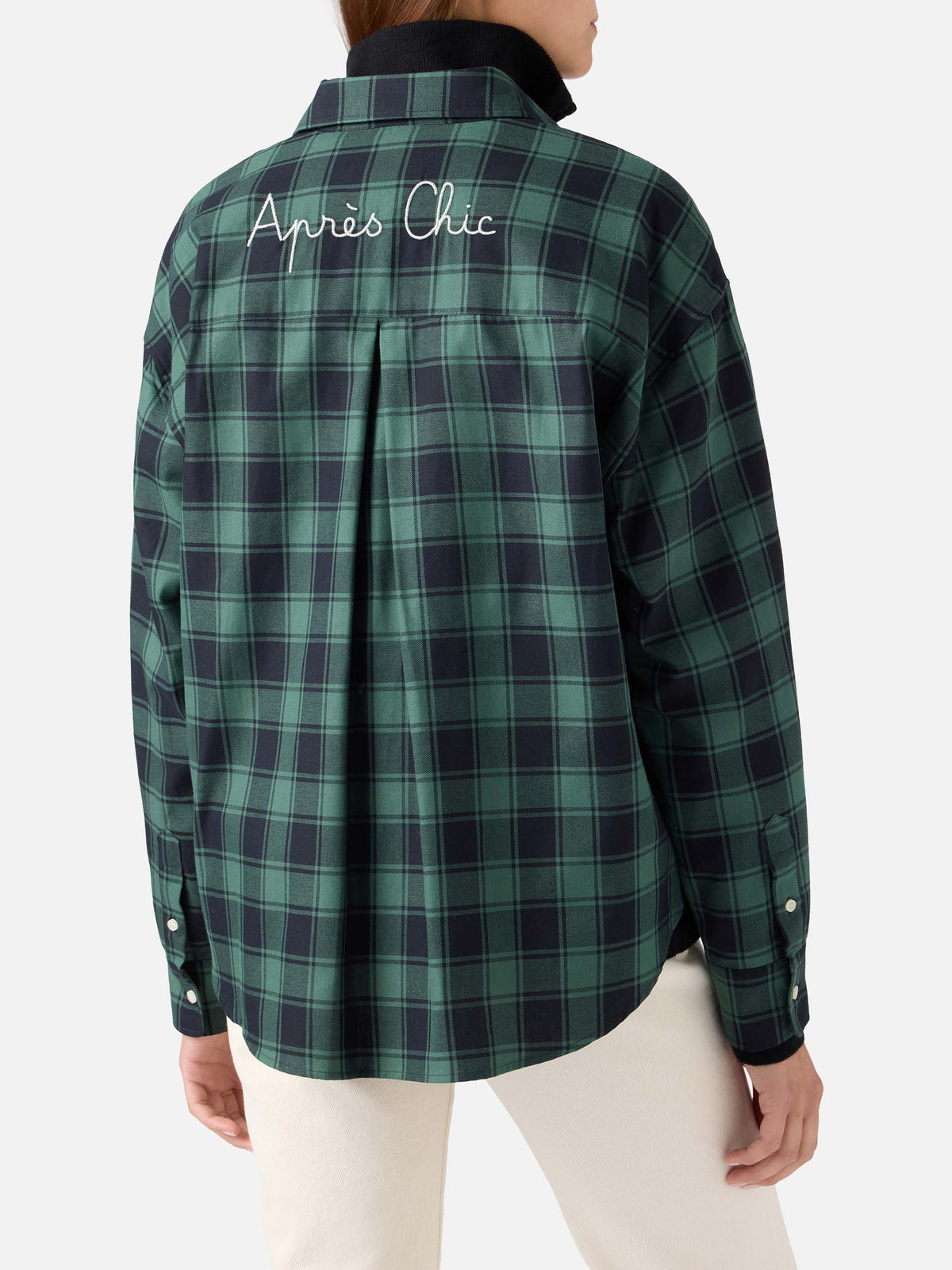 Green Gigy cotton flannel shirt with buffalo check and Après Chic embroidery