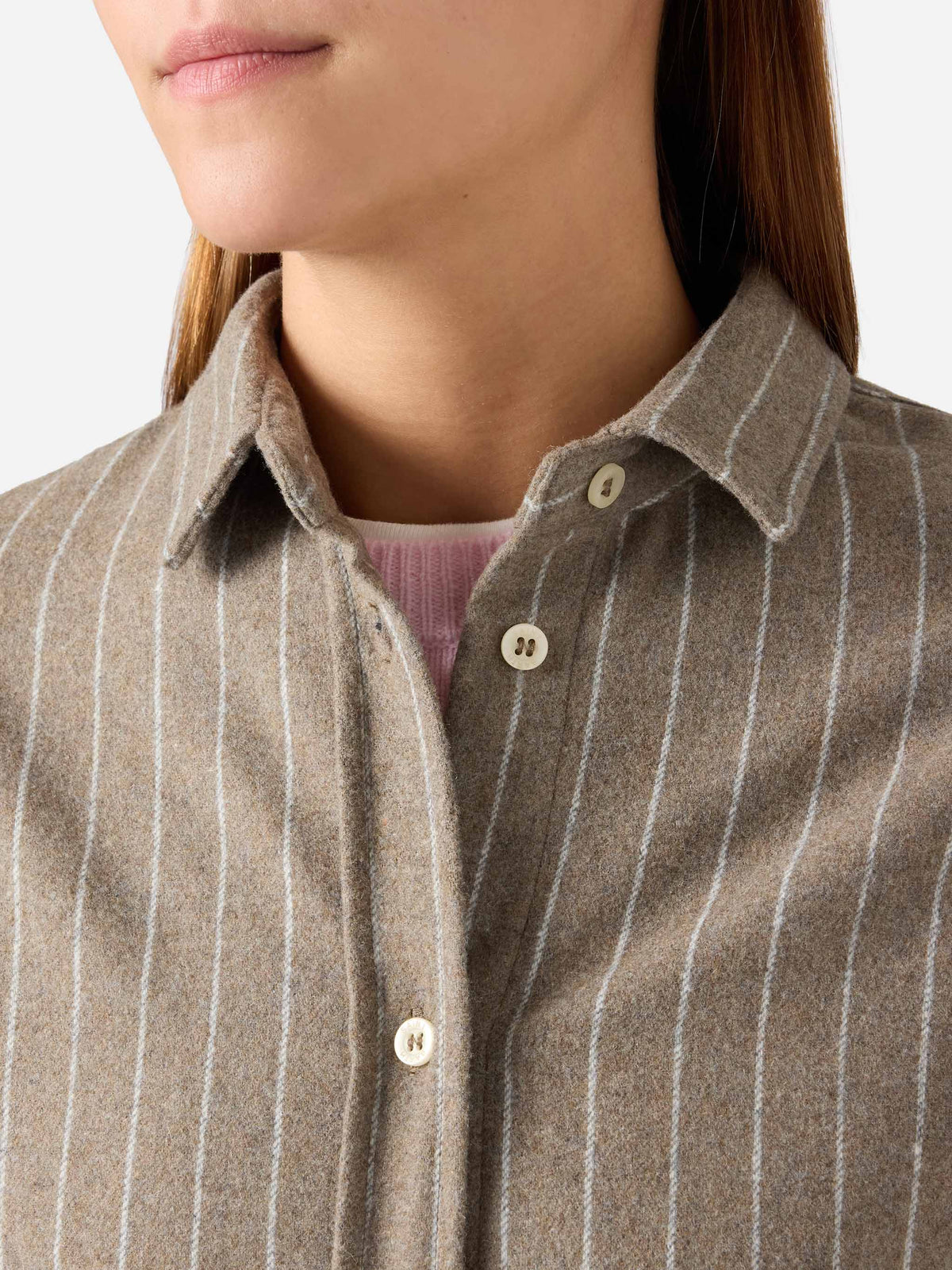 Beige Gigy wool blend flannel shirt with pinstripes and rhinestone logo