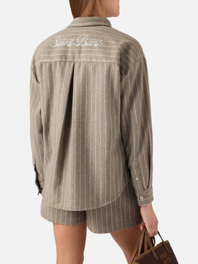 Beige Gigy wool blend flannel shirt with pinstripes and rhinestone logo
