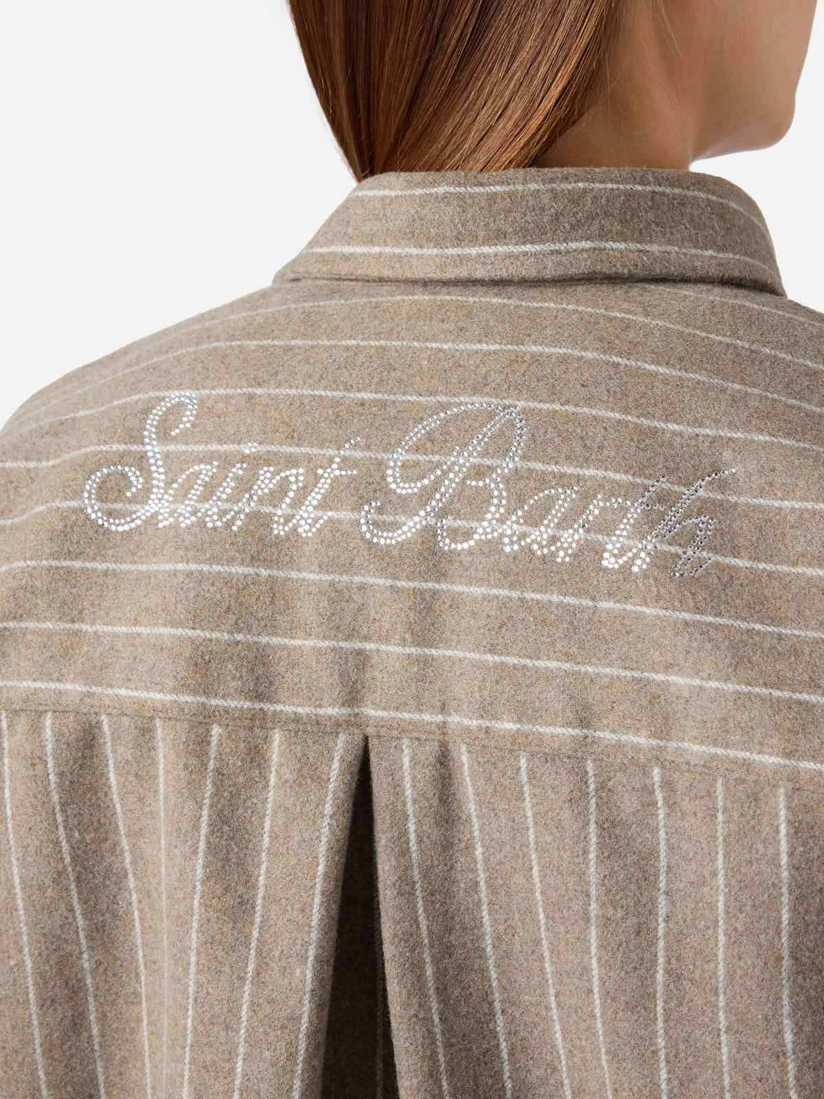 Beige Gigy wool blend flannel shirt with pinstripes and rhinestone logo