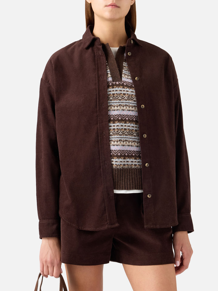 Chemise Gigy en velours côtelé de coton marron foncé avec logo en strass 