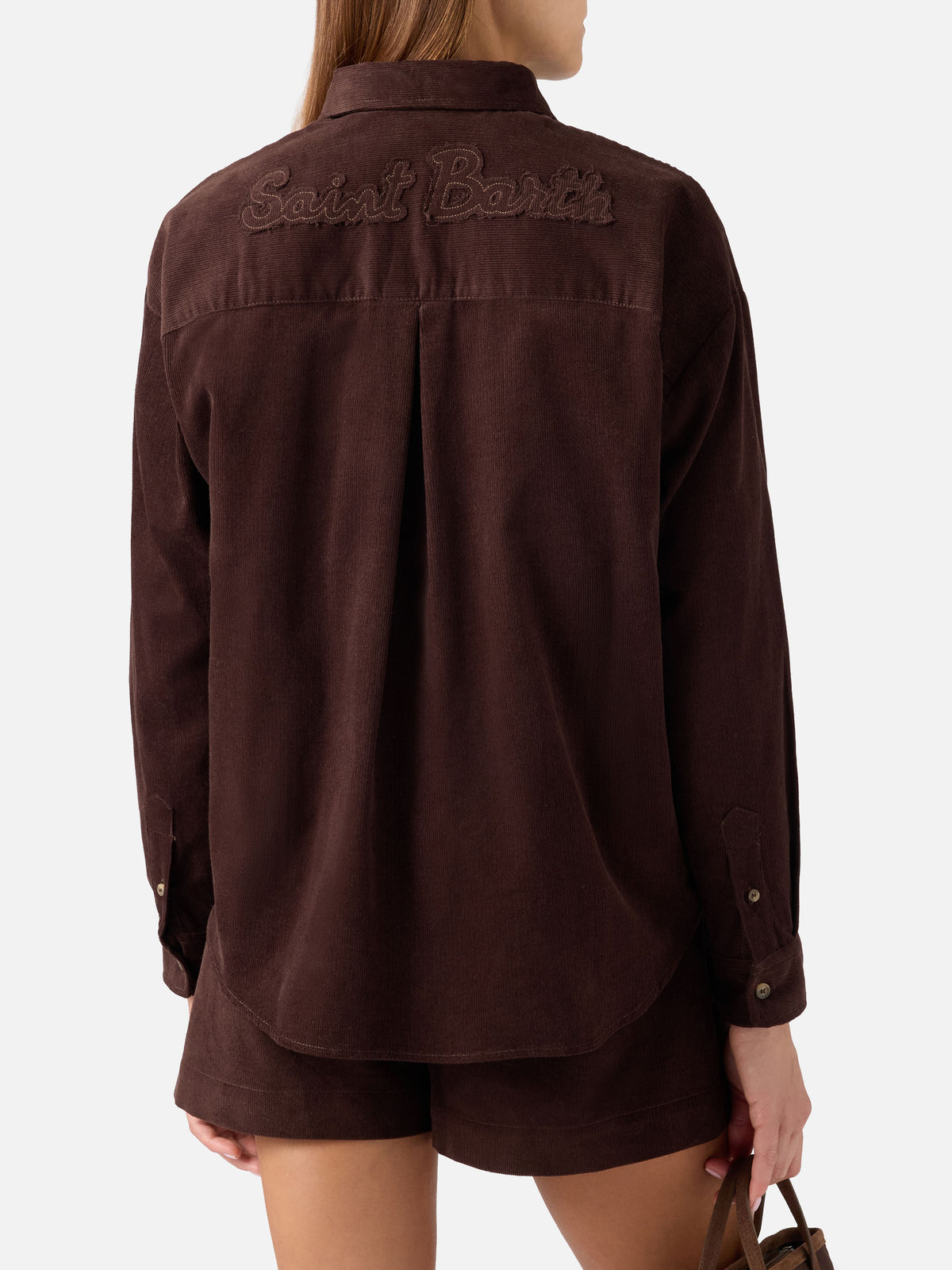 Camicia Gigy marrone scuro in velluto a coste di cotone con logo in strass