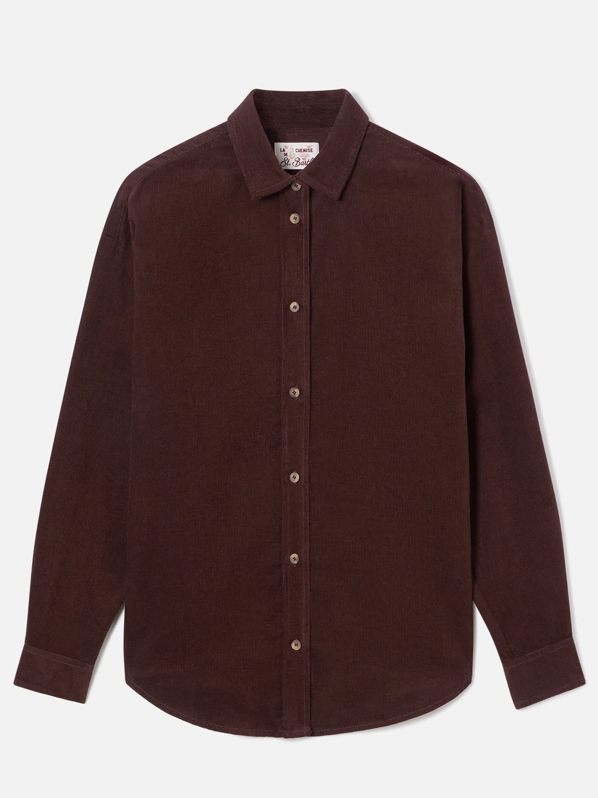 Camicia Gigy marrone scuro in velluto a coste di cotone con logo in strass