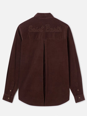 Camicia Gigy marrone scuro in velluto a coste di cotone con logo in strass