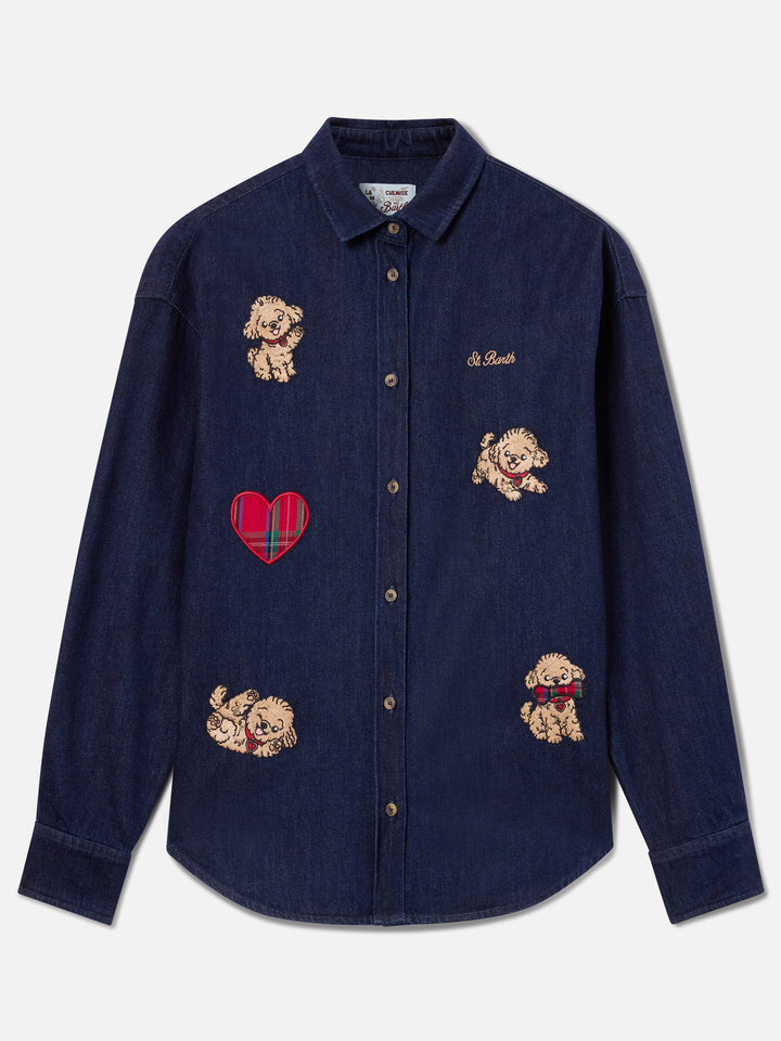 Blue Gigy cotton denim shirt with poodle embroidery