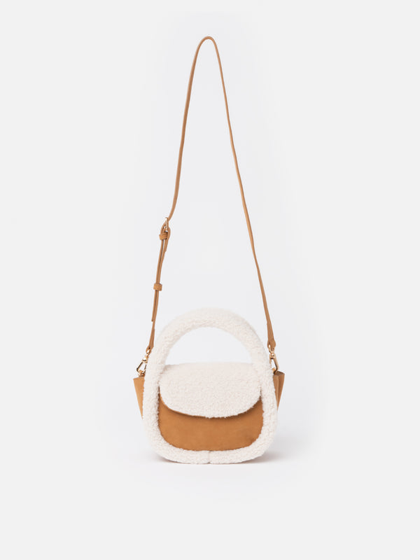 Camel mutton effect crossbody bag Gilda with shearly details