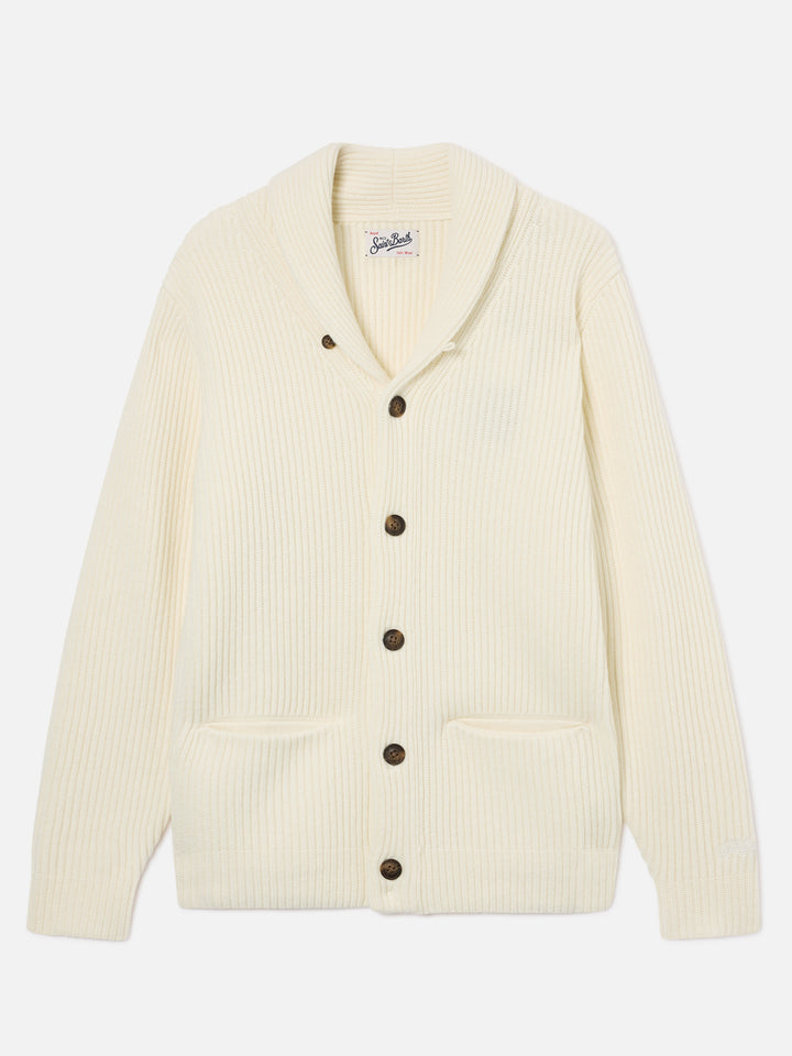 Cardigan in lana Glasgow bianco panna con collo a scialle