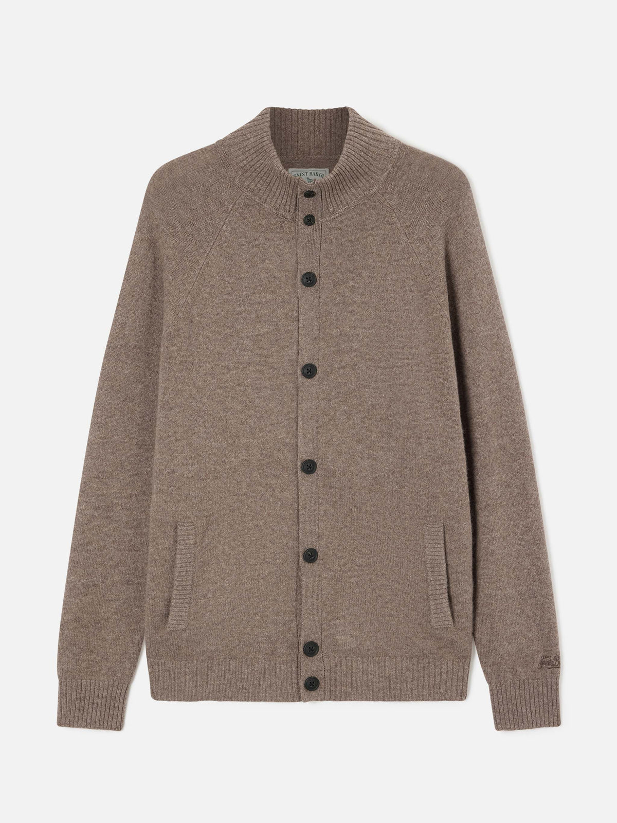 Cárdigan Galway de lana de cordero beige con cuello alto 