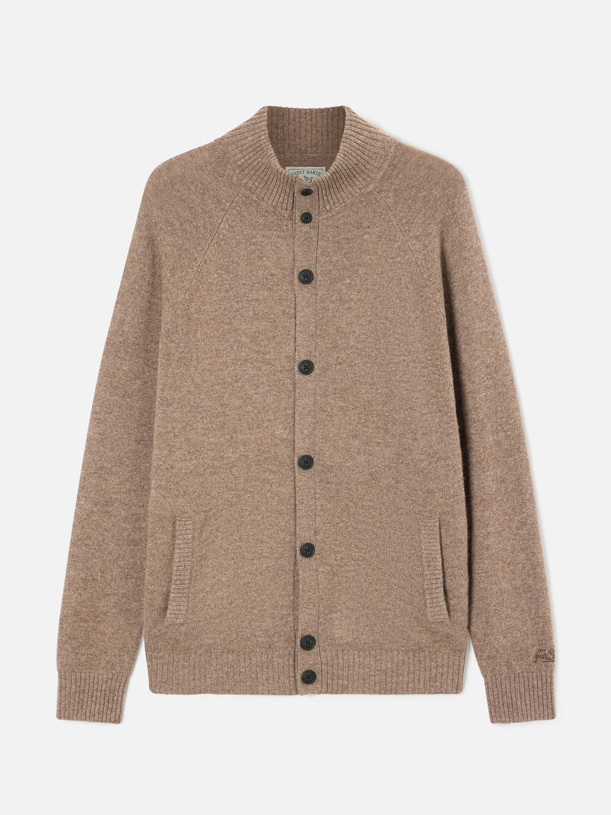 Cardigan Galway beige in lana lambswool con collo alto