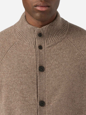 Cardigan Galway beige in lana lambswool con collo alto