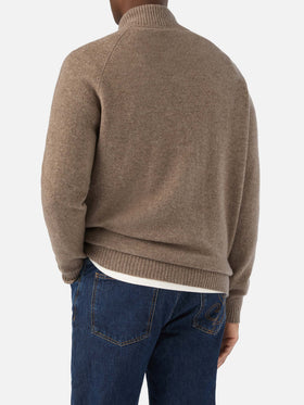 Cardigan Galway beige in lana lambswool con collo alto