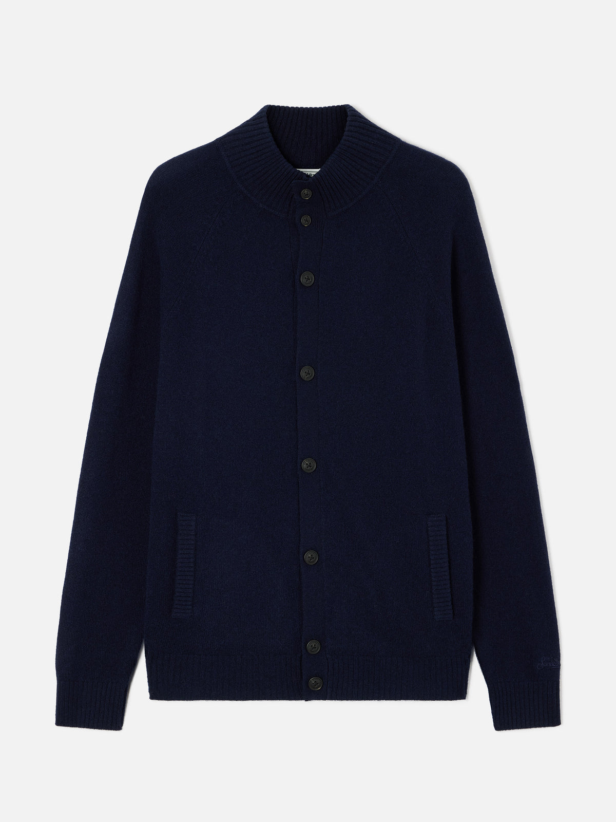 Marineblauer blue Galway Cardigan aus Lambswool mit hohem Kragen 
