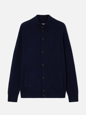 Marineblauer blue Galway Cardigan aus Lambswool mit hohem Kragen 