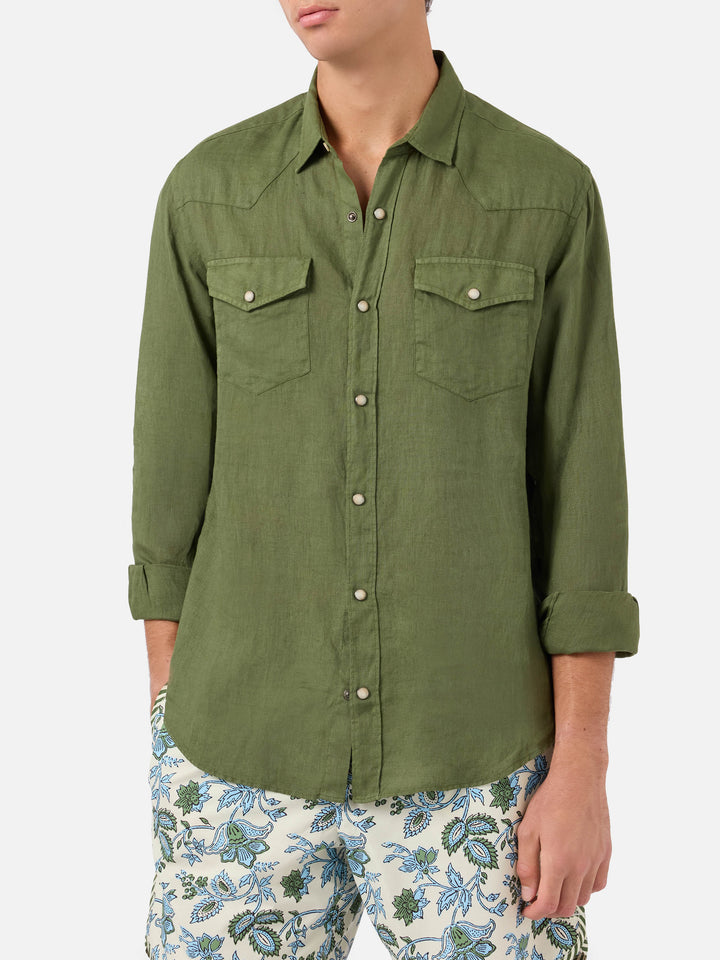 Chemise en lin vert foncé 