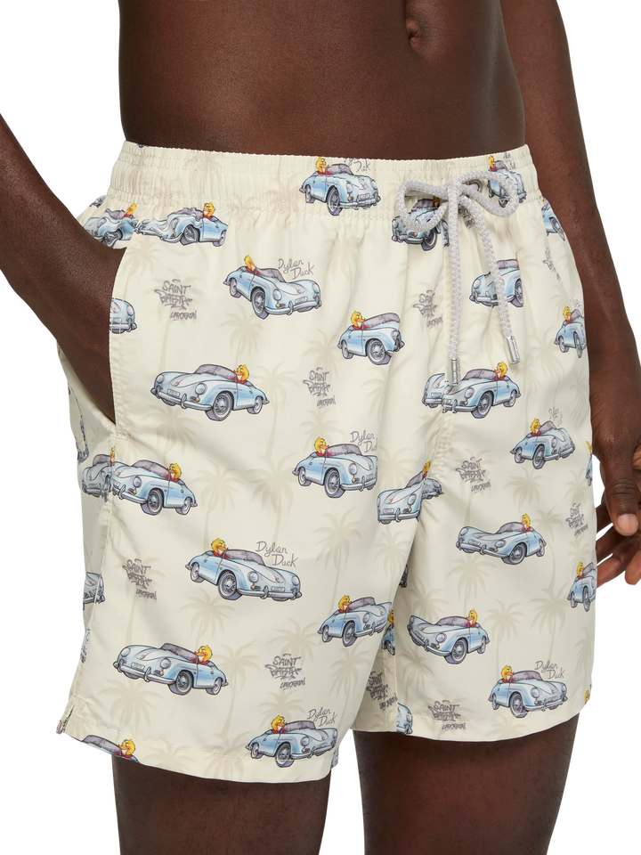 Costume mare lunghezza media Gustavia con stampa paperella e auto | CRYPTOPUPPETS SPECIAL EDITION