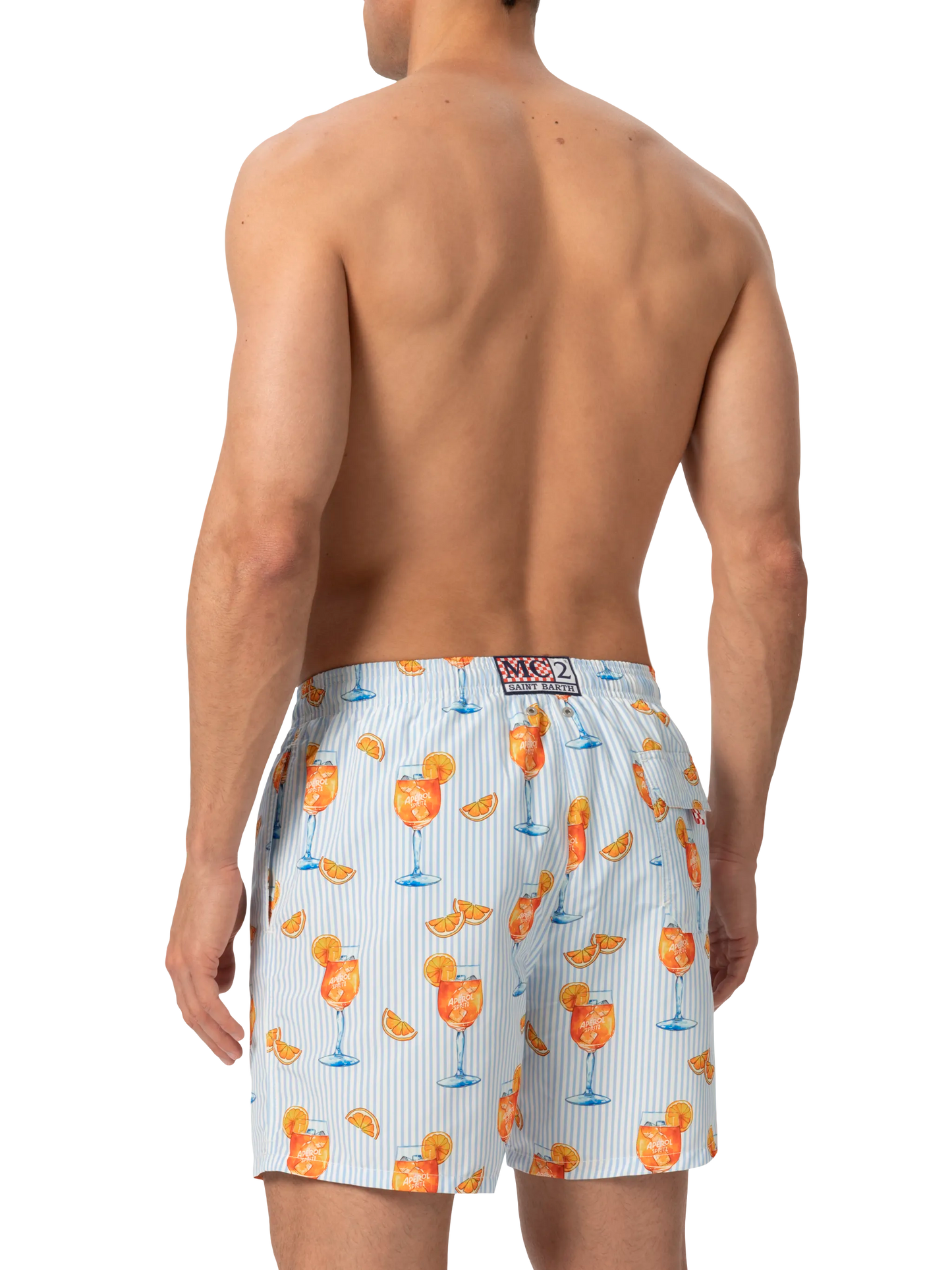 Mittellange Gustavia Badeshorts mit Aperol Spritz und Streifen-Print | APEROL SPECIAL EDITION