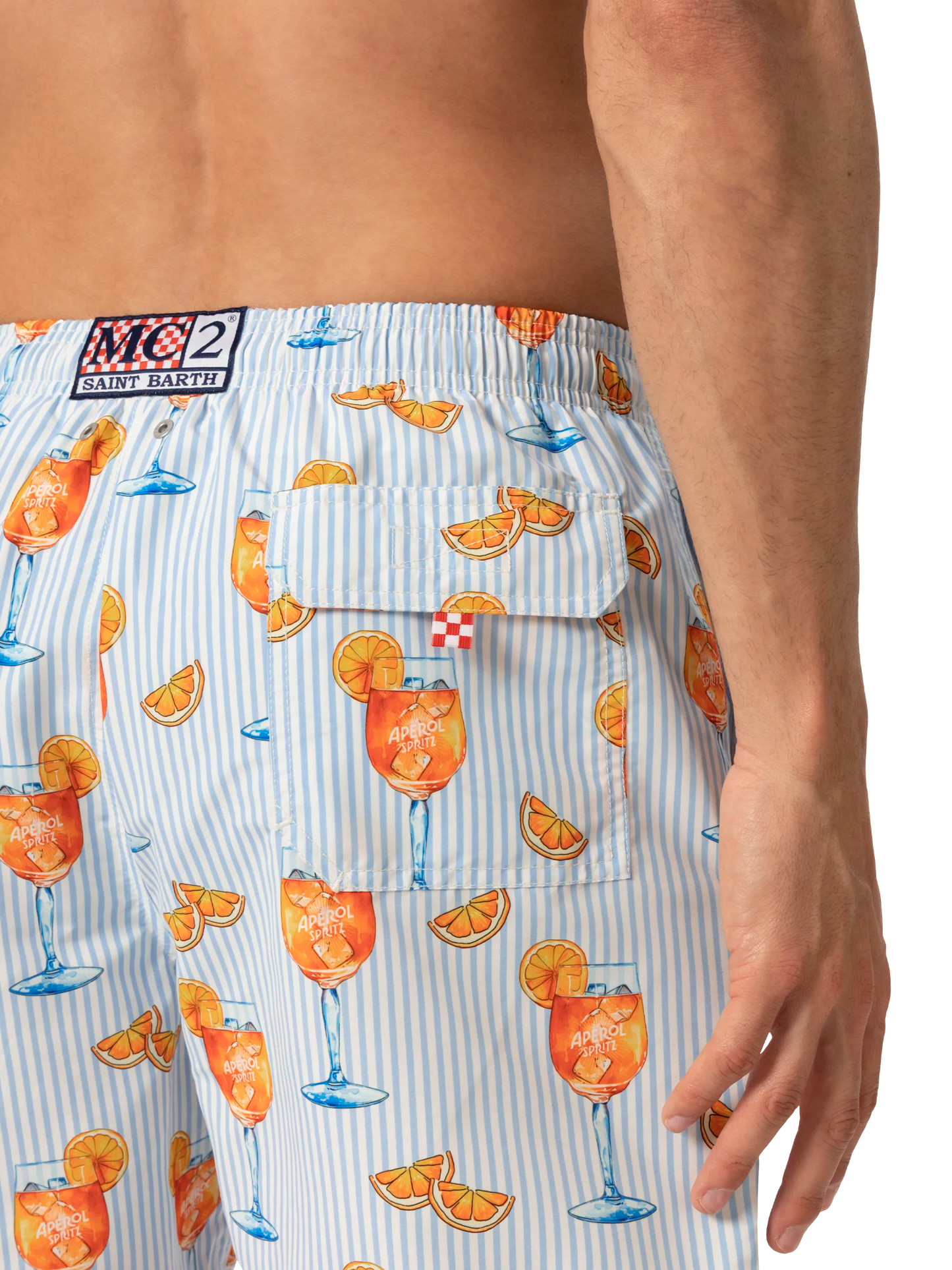 Mittellange Gustavia Badeshorts mit Aperol Spritz und Streifen-Print | APEROL SPECIAL EDITION