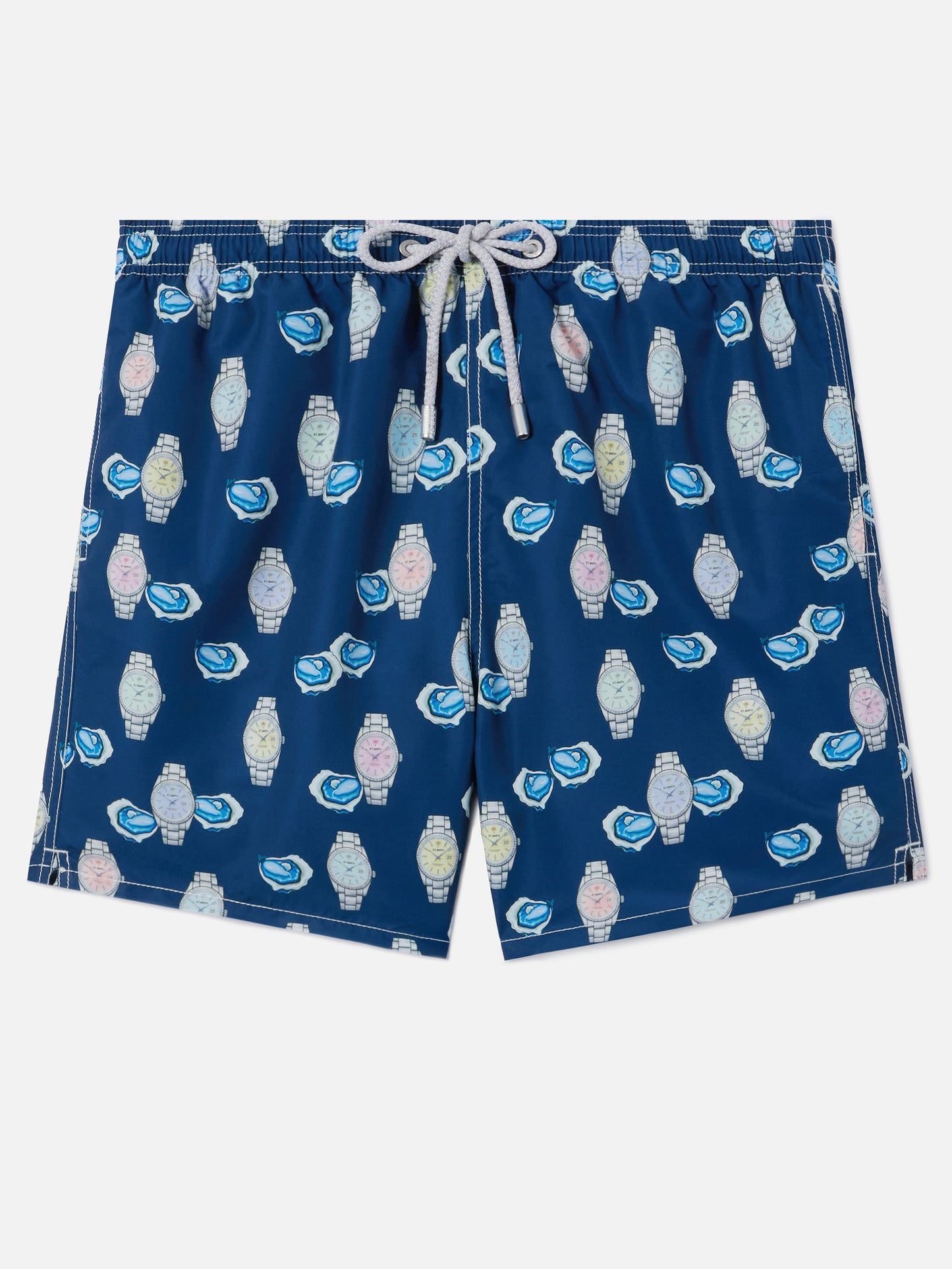 Gustavia swim shorts with oysters and watches print