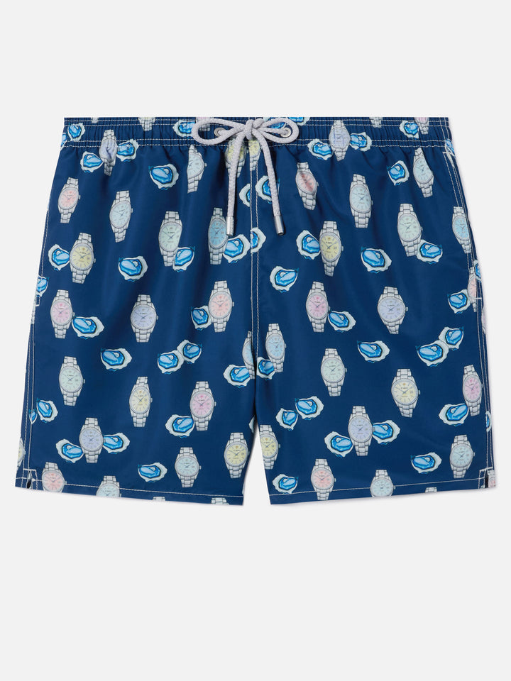 Gustavia swim shorts with oysters and watches print