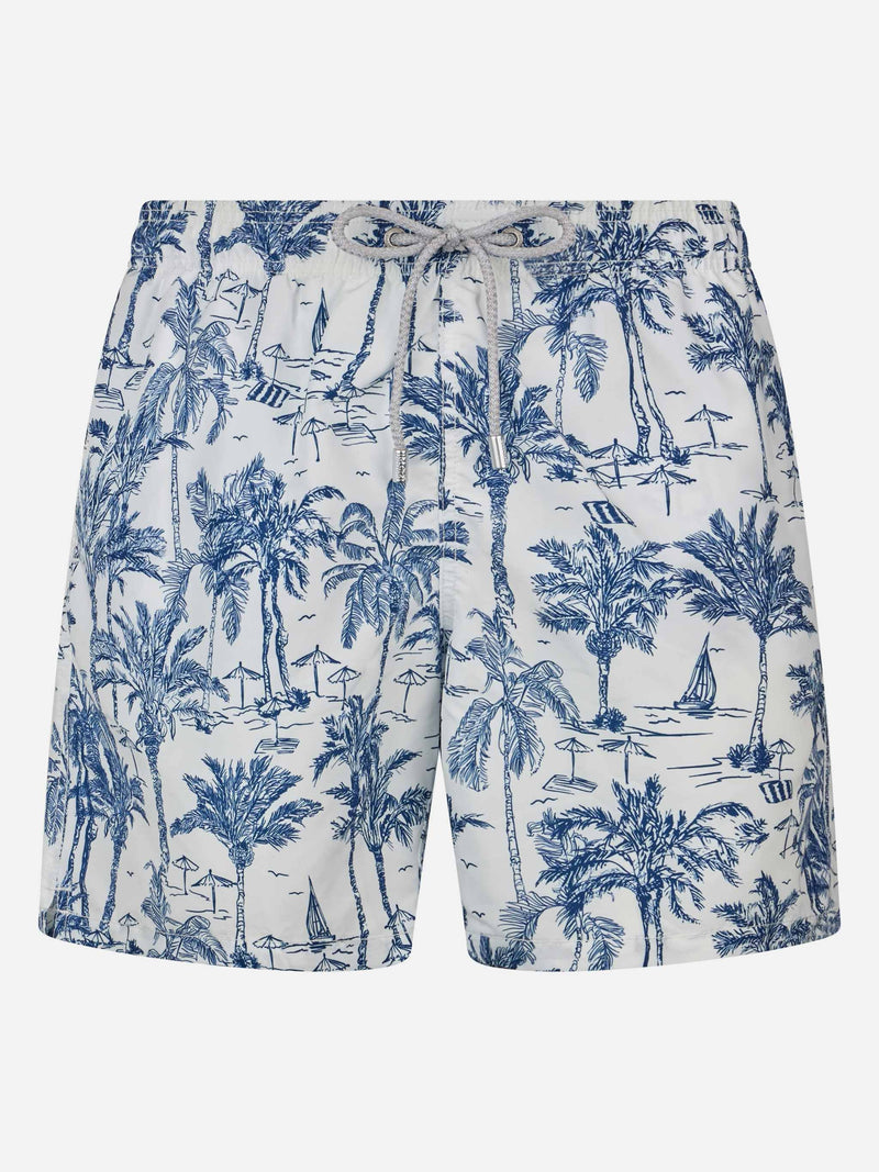 Mittellange Gustavia-Badeshorts für Herren mit Toile de Jouy-Aufdruck