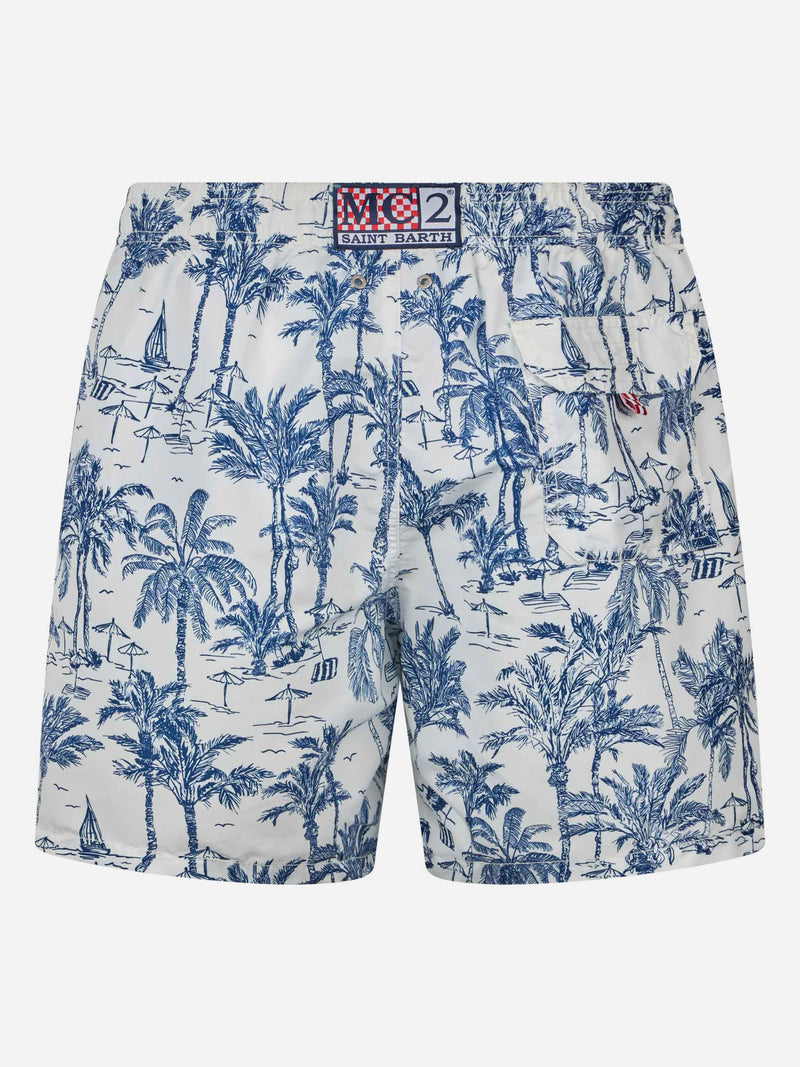 Mittellange Gustavia-Badeshorts für Herren mit Toile de Jouy-Aufdruck