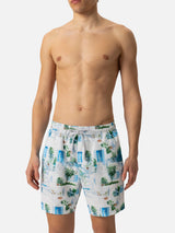 Mid-length Gustavia swim-shorts with Greek house print |AI CO-CREATED DESIGN BY RICKDICK - POWERED BY RED-EYE