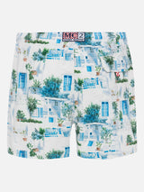 Mid-length Gustavia swim-shorts with Greek house print |AI CO-CREATED DESIGN BY RICKDICK - POWERED BY RED-EYE