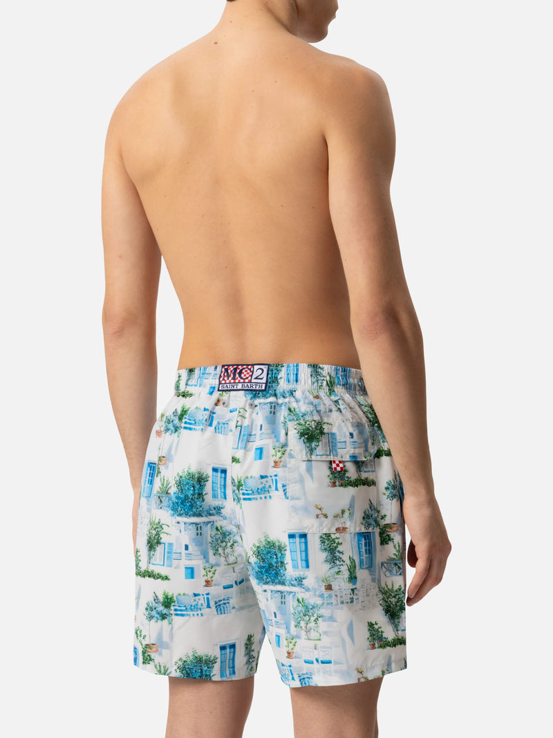 Mid-length Gustavia swim-shorts with Greek house print |AI CO-CREATED DESIGN BY RICKDICK - POWERED BY RED-EYE