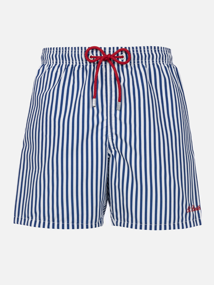 Mid-length striped Gustavia swim-shorts with St. Barth embroidery
