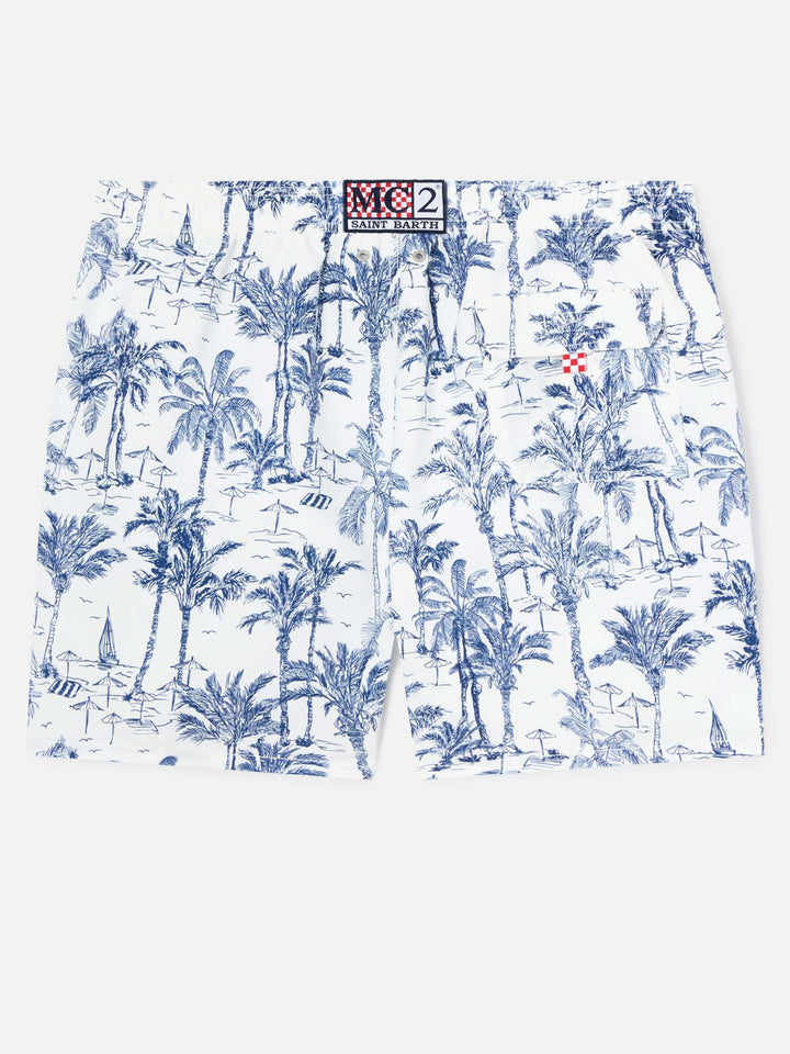 Mid-length Gustavia swim-shorts with toile de jouy print